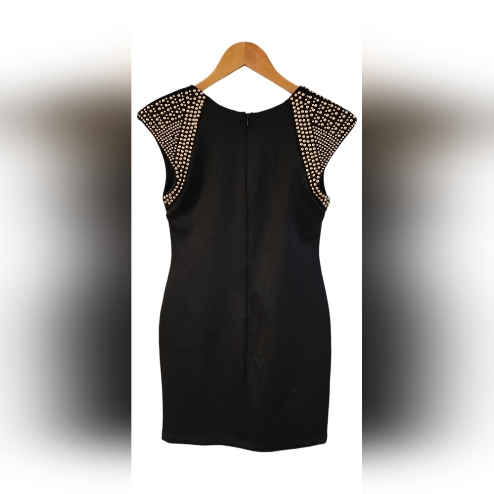 Sans Souci -Mini Sleeveless Black Golden Studded Slit Shoulder Hem Bodycon Dress - Picture 2 of 8